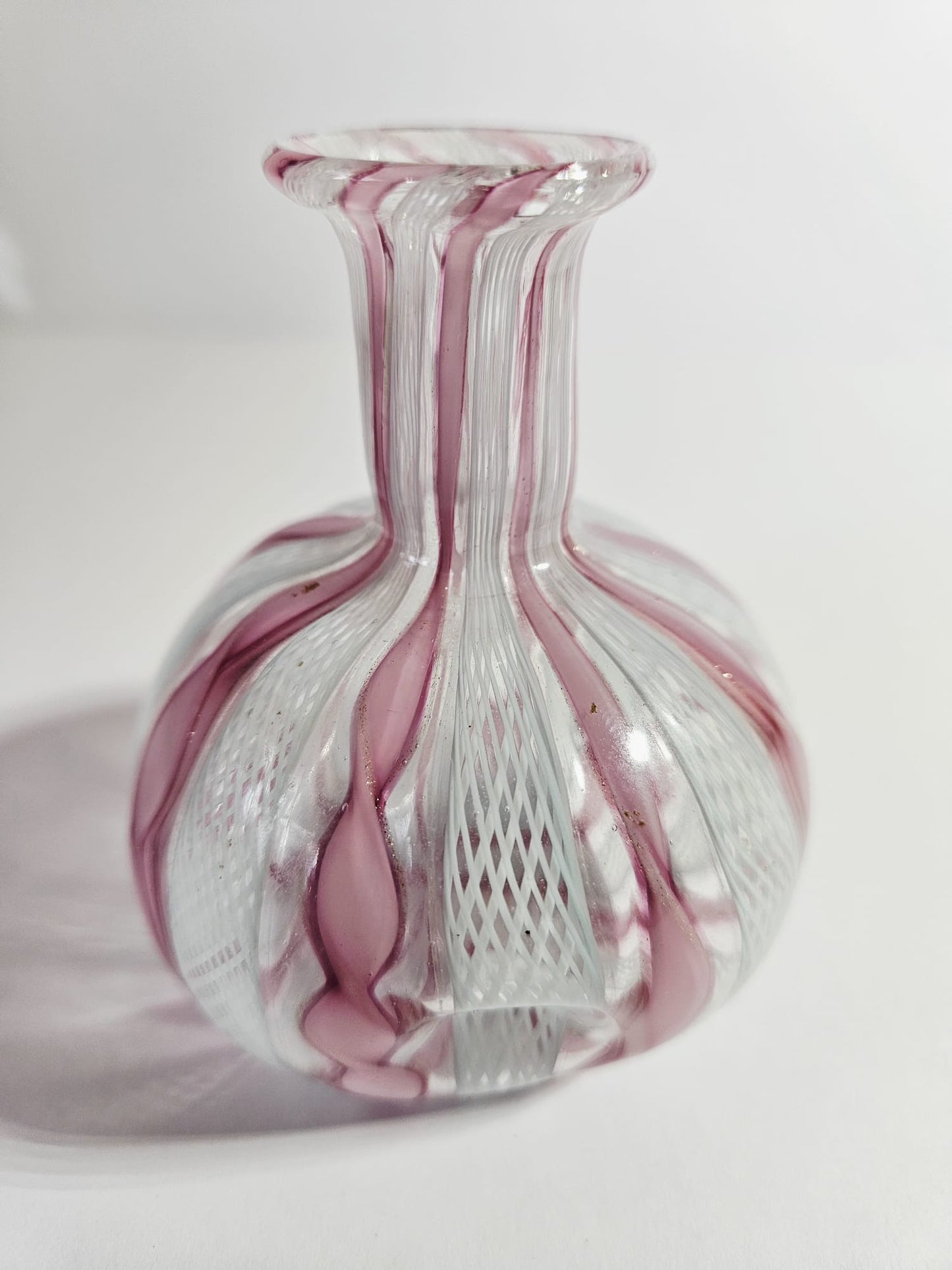 Vintage Murano Pink & White Latticino Art Glass Perfume Bottle with Floral Stopper