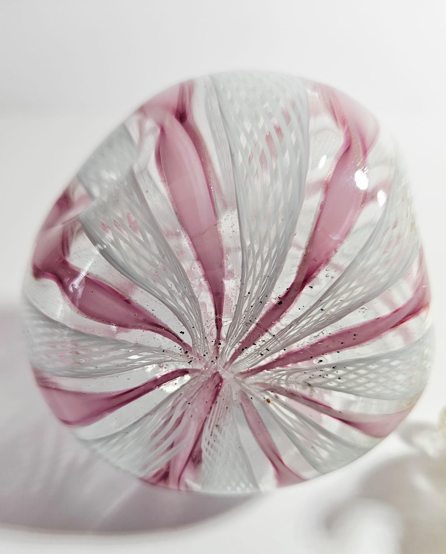 Vintage Murano Pink & White Latticino Art Glass Perfume Bottle with Floral Stopper