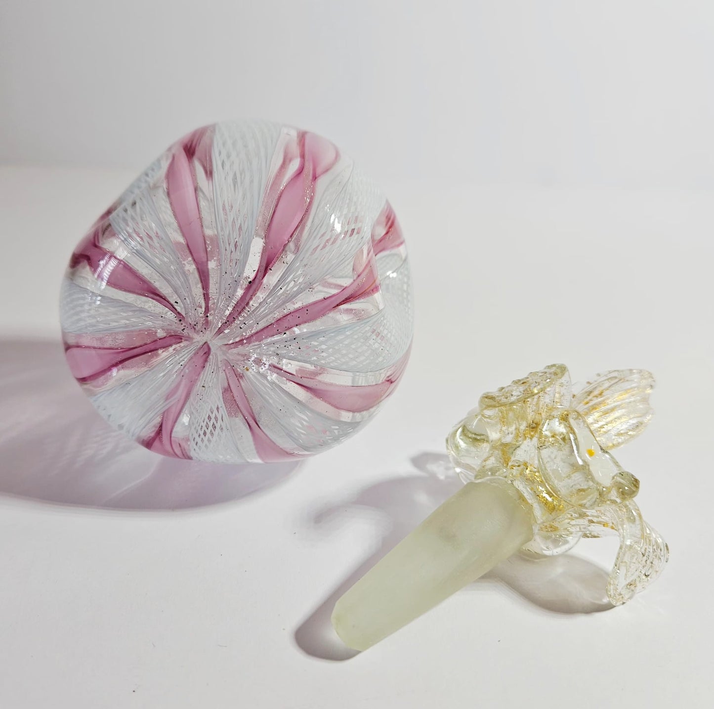Vintage Murano Pink & White Latticino Art Glass Perfume Bottle with Floral Stopper