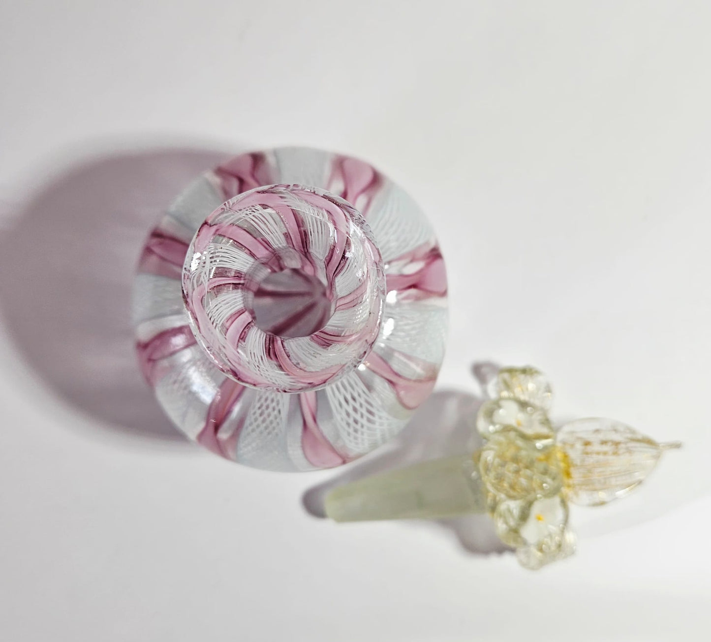 Vintage Murano Pink & White Latticino Art Glass Perfume Bottle with Floral Stopper
