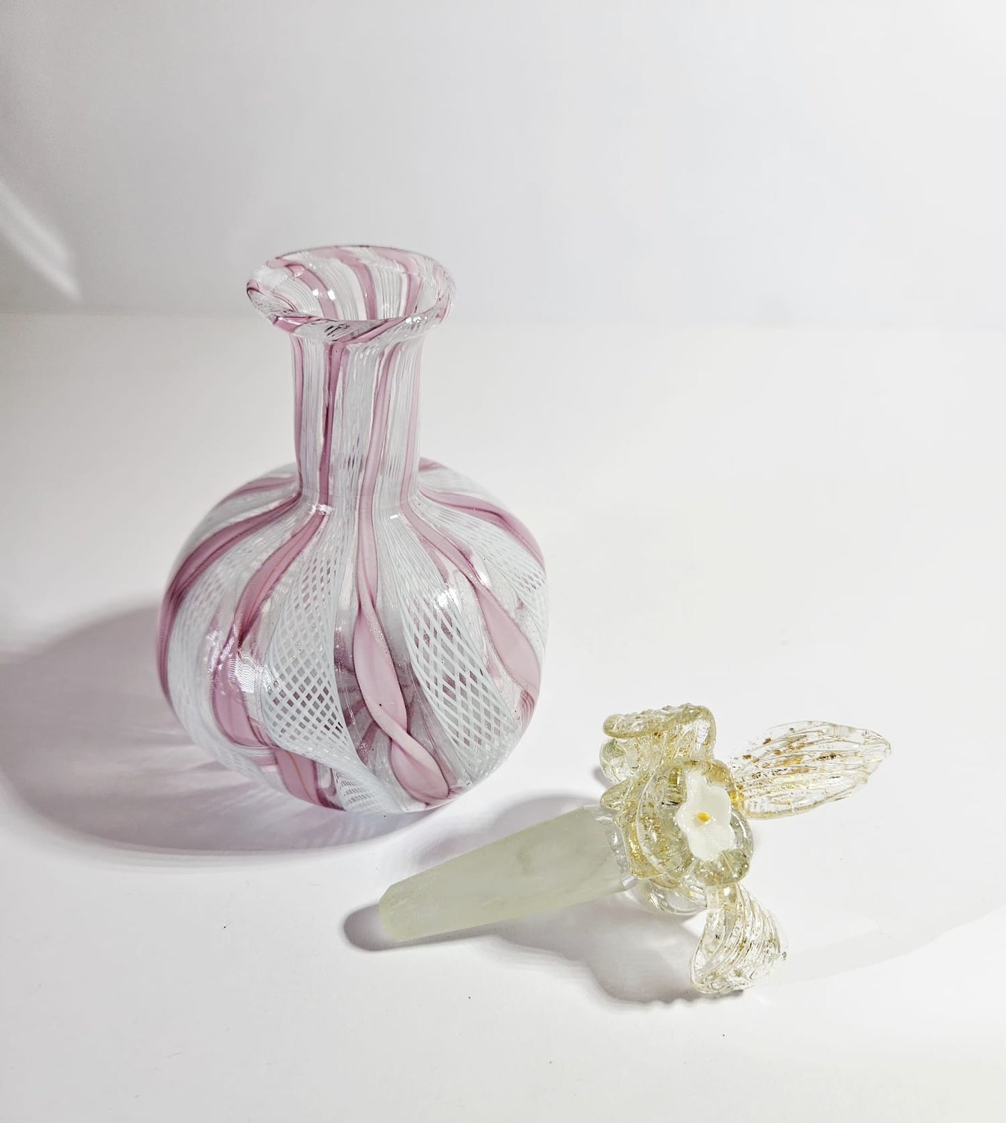 Vintage Murano Pink & White Latticino Art Glass Perfume Bottle with Floral Stopper