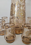 Vintage 1960's Amber Glass Decanter with 6 glasses with Gold Leaf Gilding