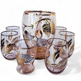 Vintage Bohemia Lemonade Set: Pink Pitcher & Gold leaves Glasses, 1950s