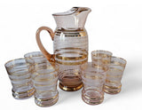 MCM 1950s Vintage Pink and Gold striped Pitcher & 6 Glasses Barware