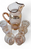 MCM 1950s Vintage Pink and Gold striped Pitcher & 6 Glasses Barware