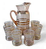 MCM 1950s Vintage Pink and Gold striped Pitcher & 6 Glasses Barware