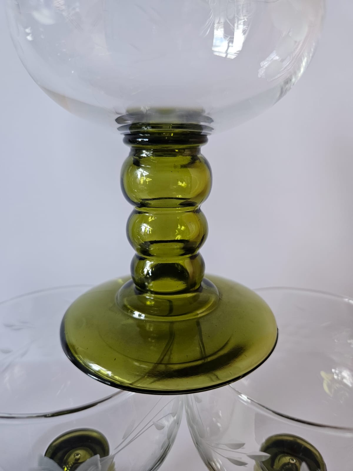 Set of 6 Vintage German Roemer Wine Glasses Olive Green stem, etched