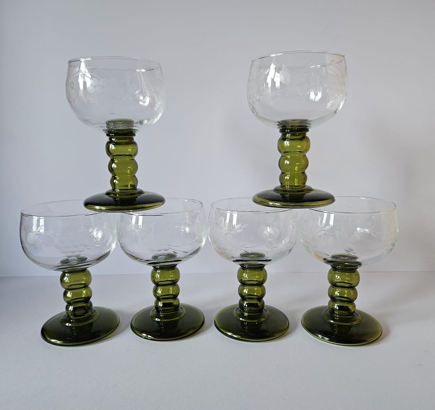 Set of 6 Vintage German Roemer Wine Glasses Olive Green stem, etched