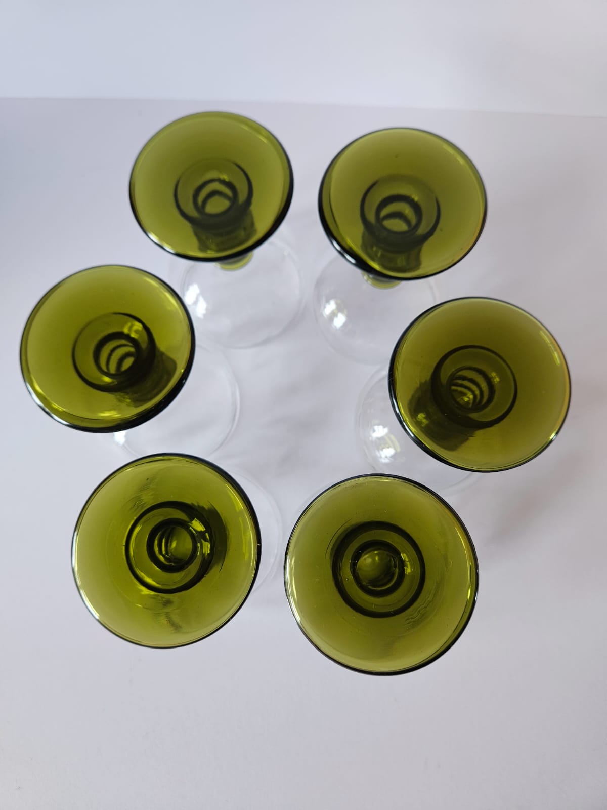 Set of 6 Vintage German Roemer Wine Glasses Olive Green stem, etched