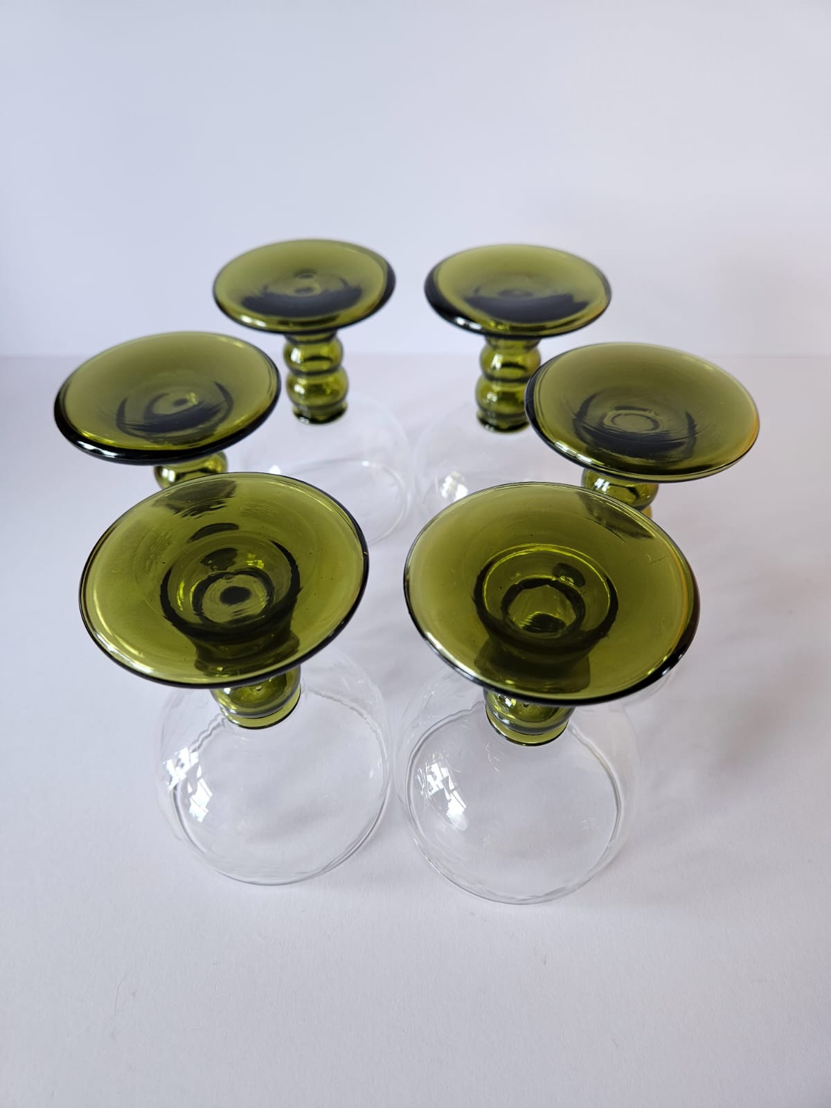 Set of 6 Vintage German Roemer Wine Glasses Olive Green stem, etched