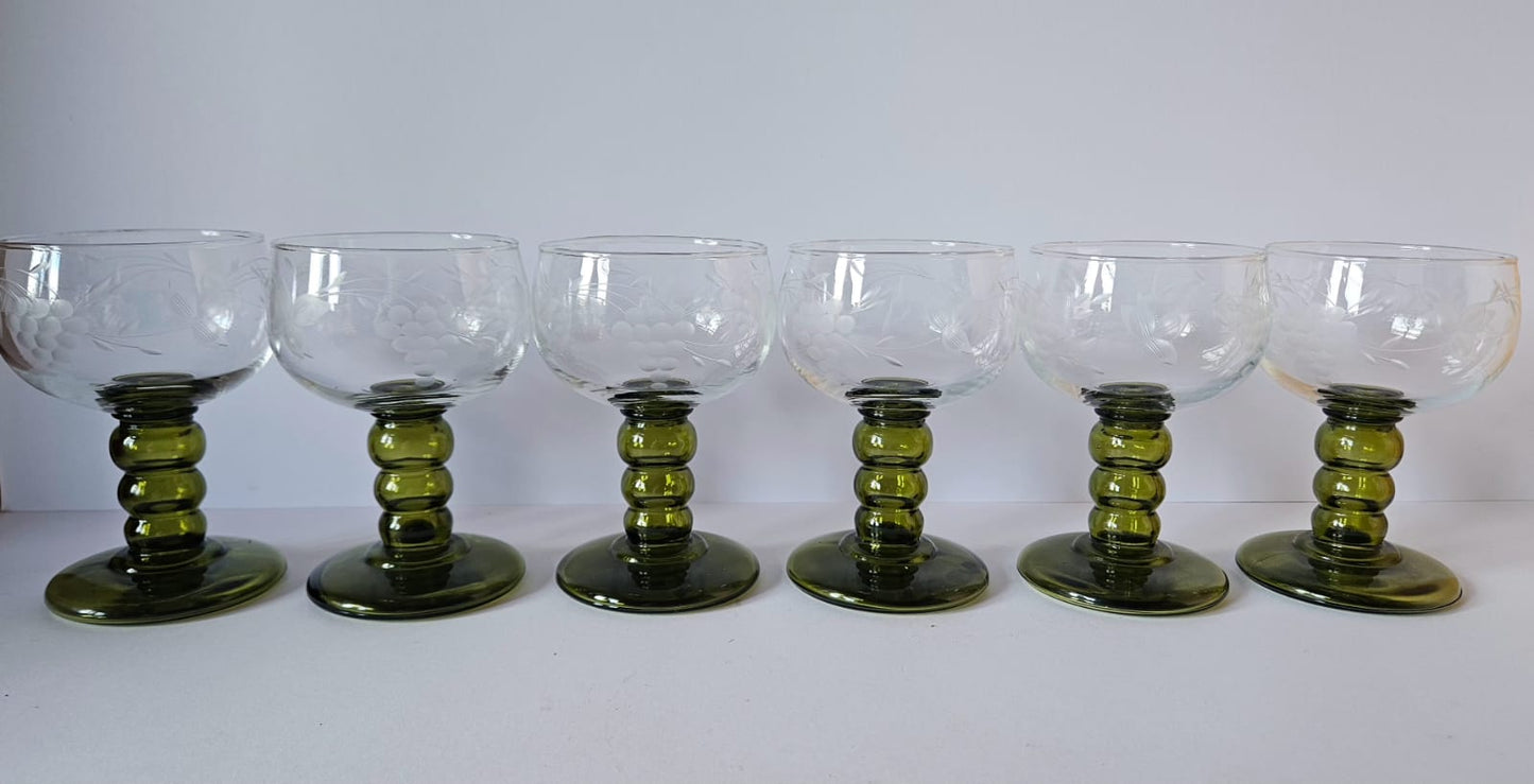 Set of 6 Vintage German Roemer Wine Glasses Olive Green stem, etched