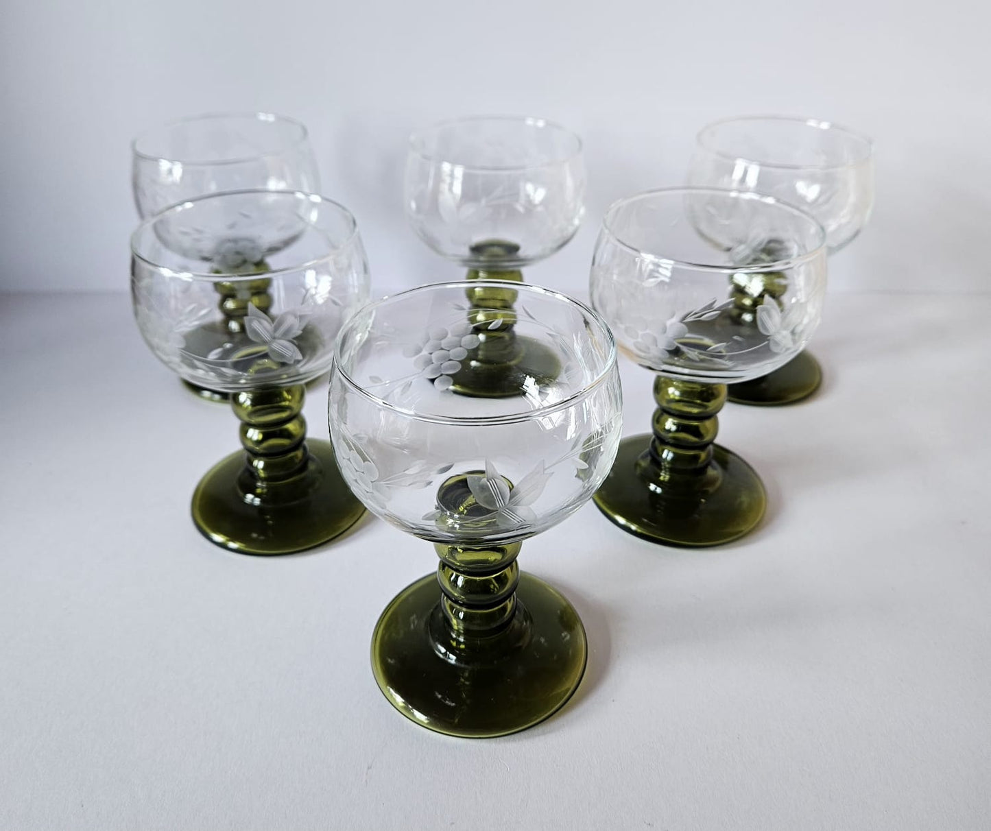 Set of 6 Vintage German Roemer Wine Glasses Olive Green stem, etched