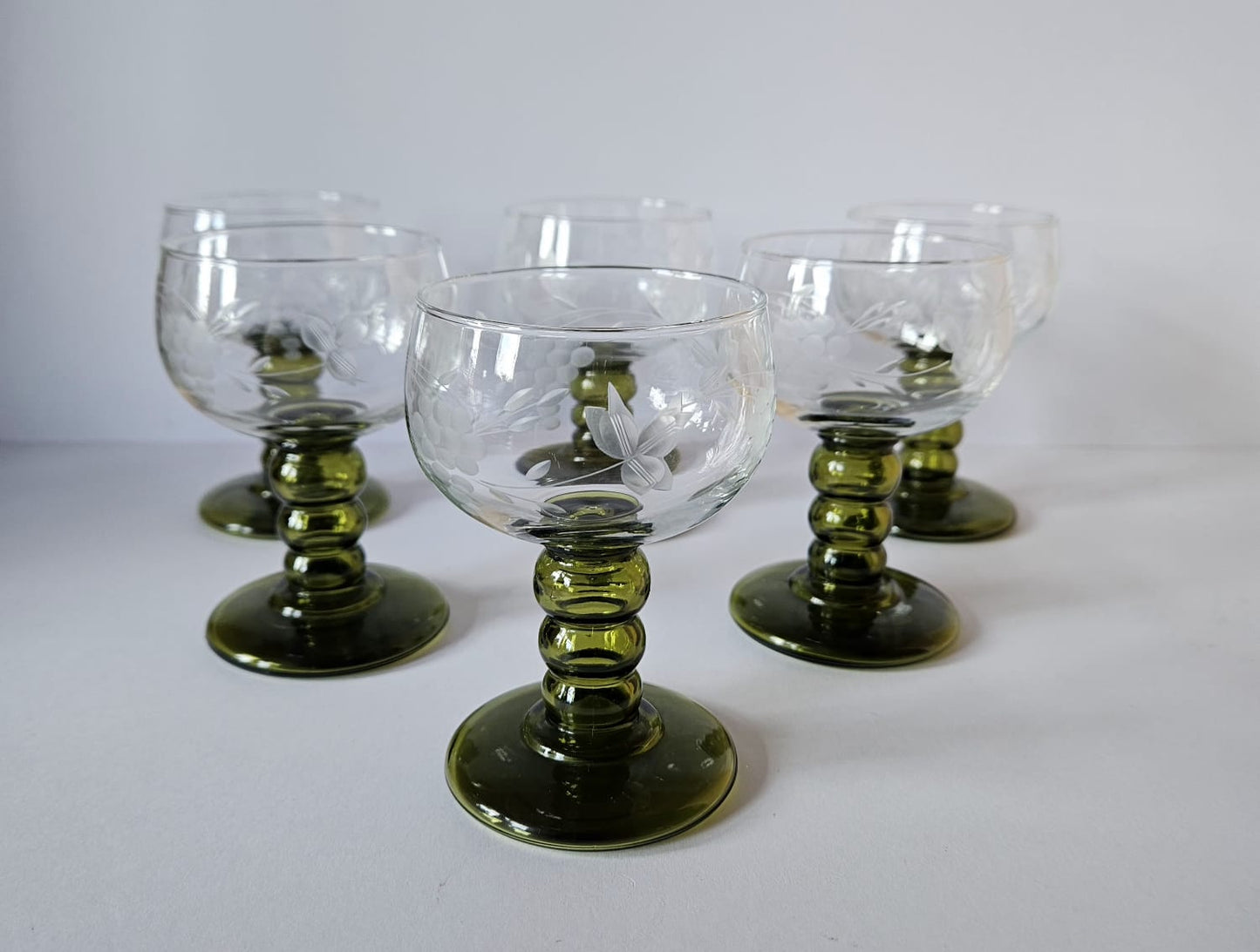 Set of 6 Vintage German Roemer Wine Glasses Olive Green stem, etched