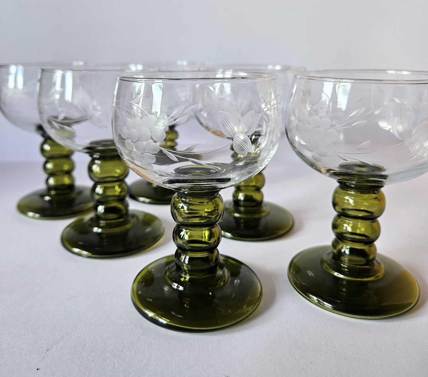 Set of 6 Vintage German Roemer Wine Glasses Olive Green stem, etched