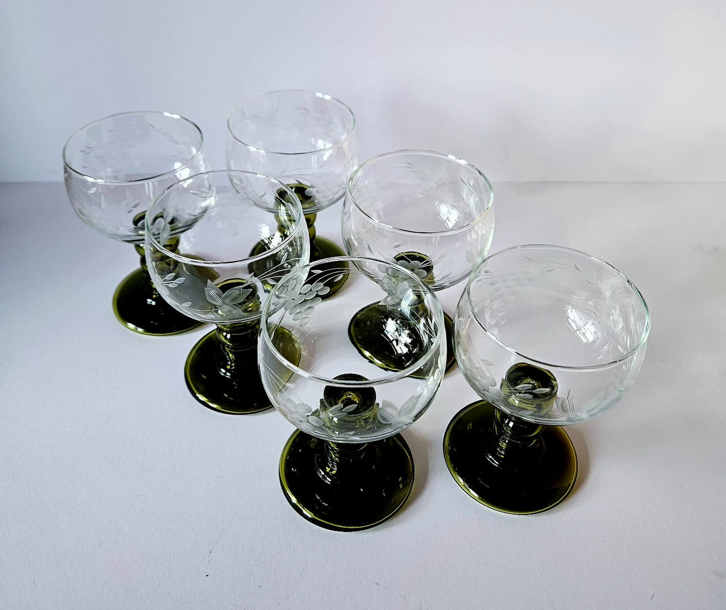 Set of 6 Vintage German Roemer Wine Glasses Olive Green stem, etched