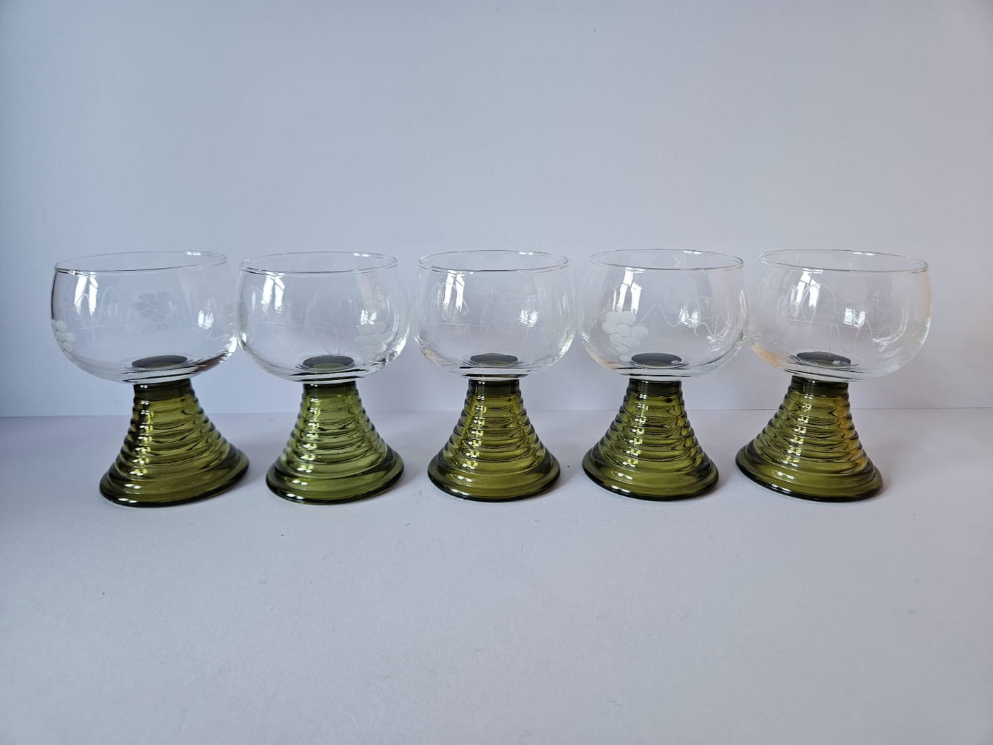 Set of 5 Vintage German Roemer Wine Glasses Hand-Etched Grapevine MCM
