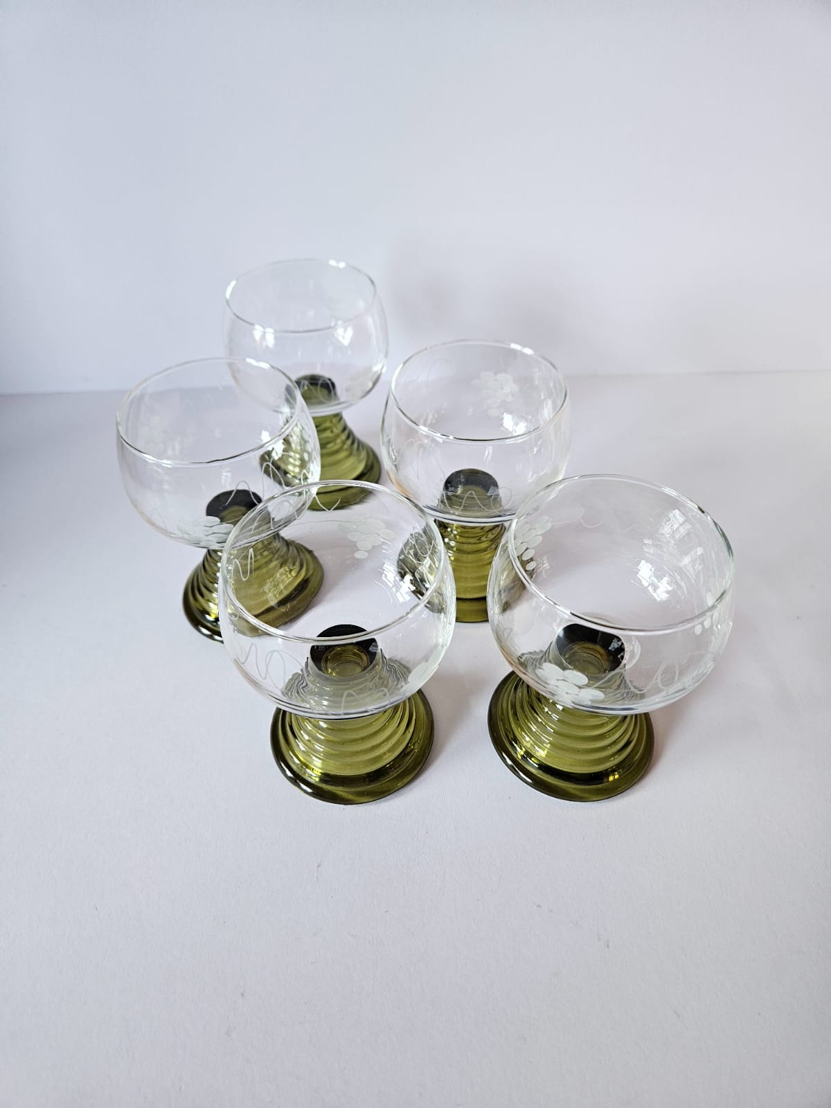 Set of 5 Vintage German Roemer Wine Glasses Hand-Etched Grapevine MCM