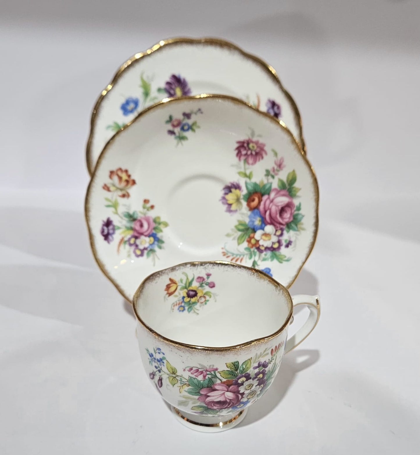 Vintage Roslyn fine bone china "Minuet" trio floral bouquet design and Gold trim