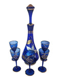 Blue Bohemia Czechoslovakia Decanter and 5 Port Glasses with gold gild