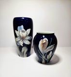2 x Royal Copenhagen Hand Painted Cobalt Blue Porcelain Floral vases