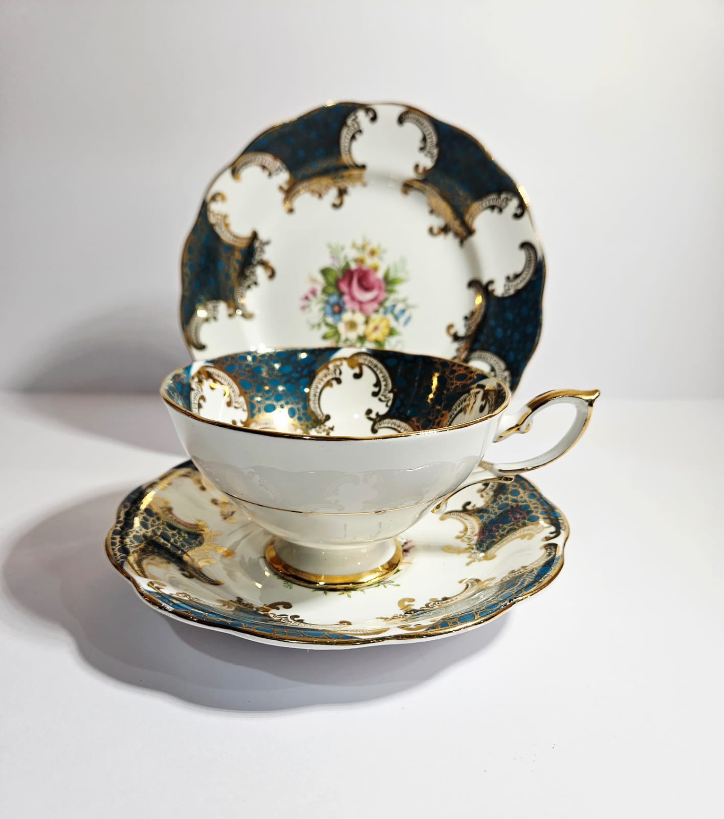 Royal Standard Teal & Gold Trio Fine Bone China with cabbage Roses