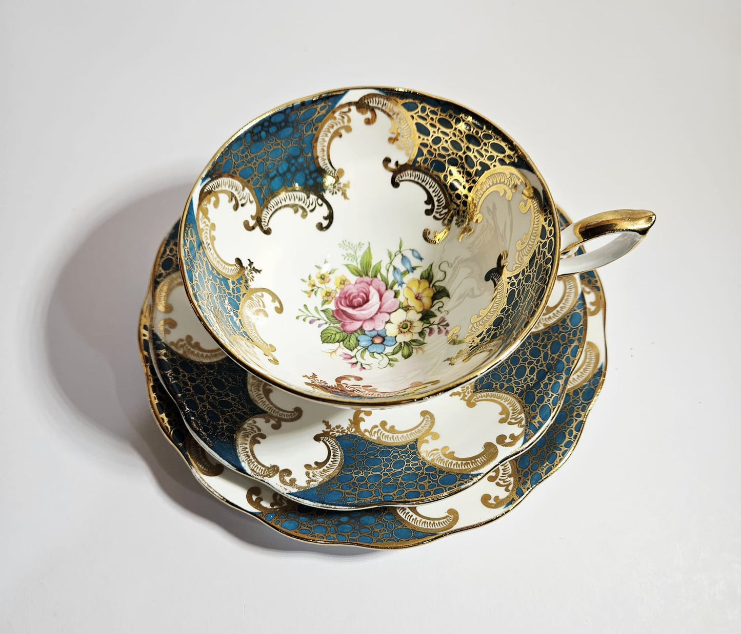 Royal Standard Teal & Gold Trio Fine Bone China with cabbage Roses