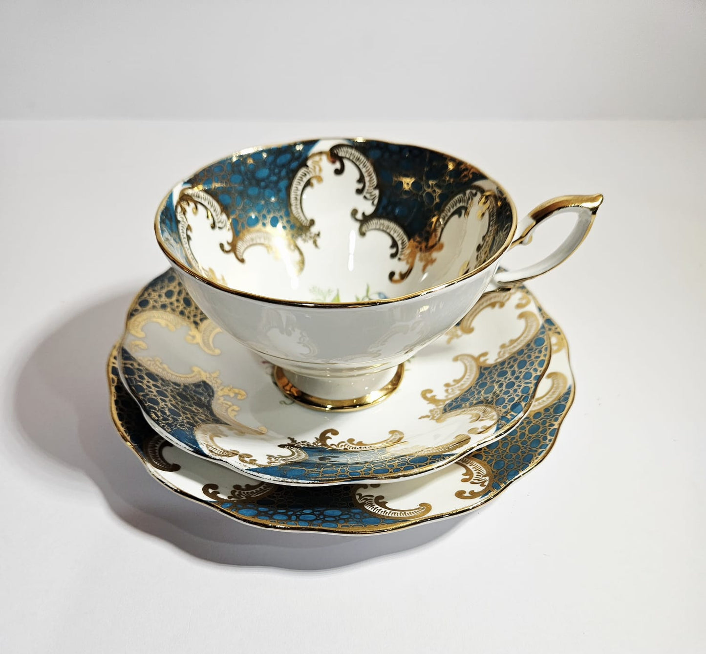 Royal Standard Teal & Gold Trio Fine Bone China with cabbage Roses