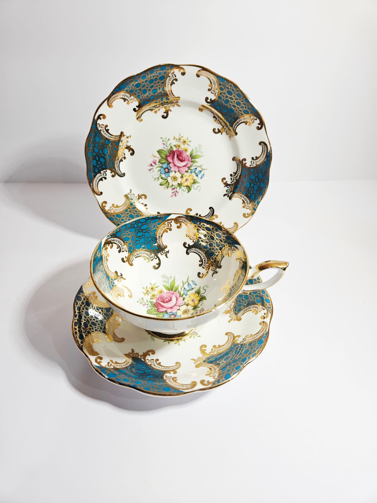 Royal Standard Teal & Gold Trio Fine Bone China with cabbage Roses