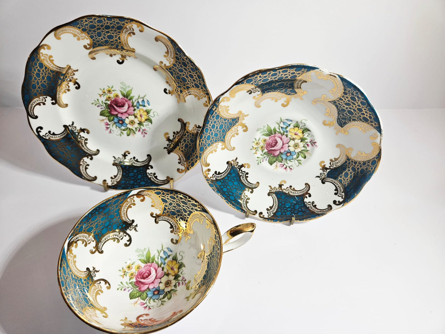 Royal Standard Teal & Gold Trio Fine Bone China with cabbage Roses