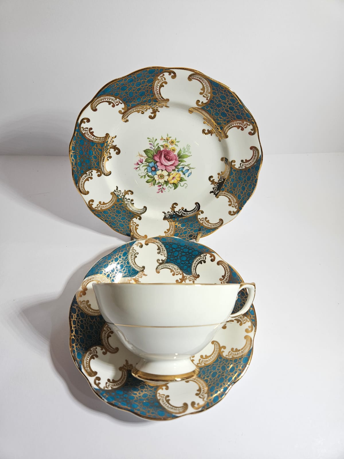Royal Standard Teal & Gold Trio Fine Bone China with cabbage Roses