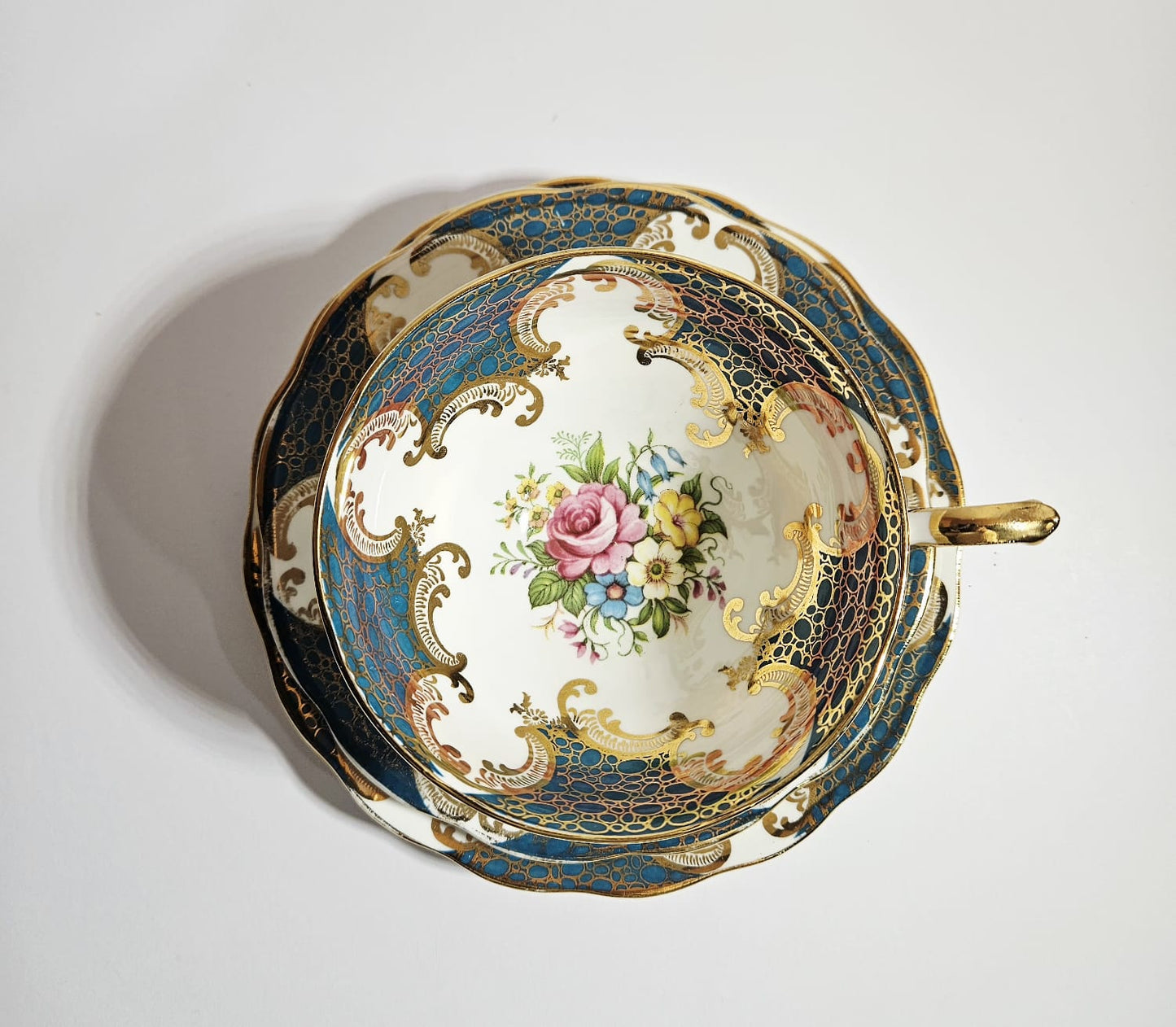 Royal Standard Teal & Gold Trio Fine Bone China with cabbage Roses
