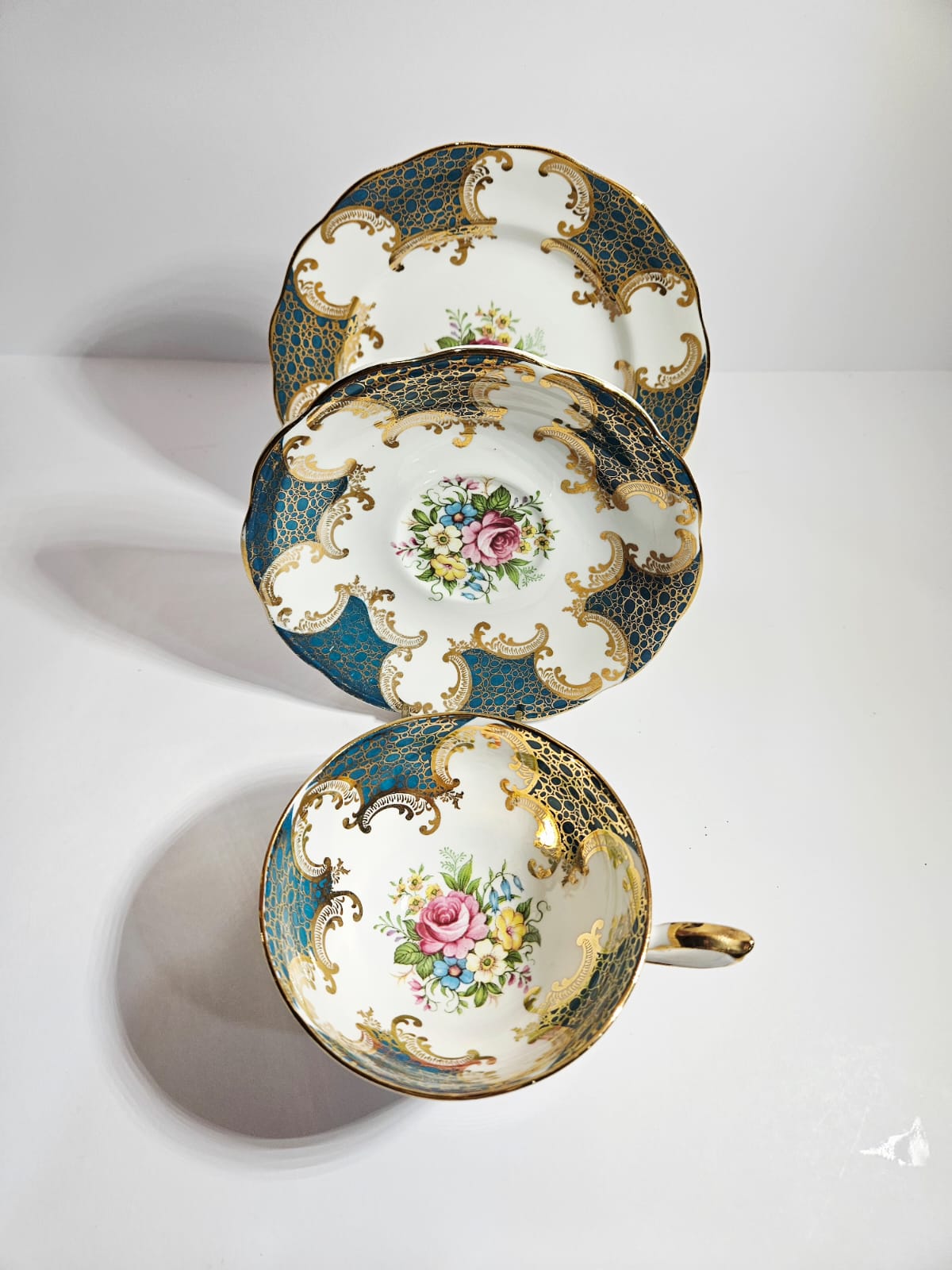 Royal Standard Teal & Gold Trio Fine Bone China with cabbage Roses