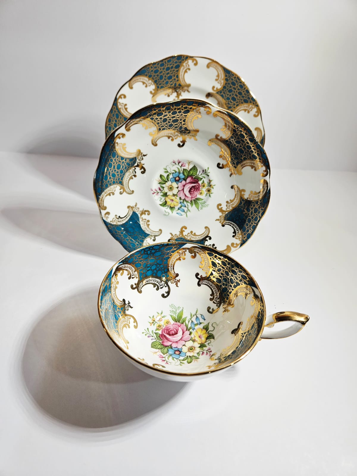 Royal Standard Teal & Gold Trio Fine Bone China with cabbage Roses