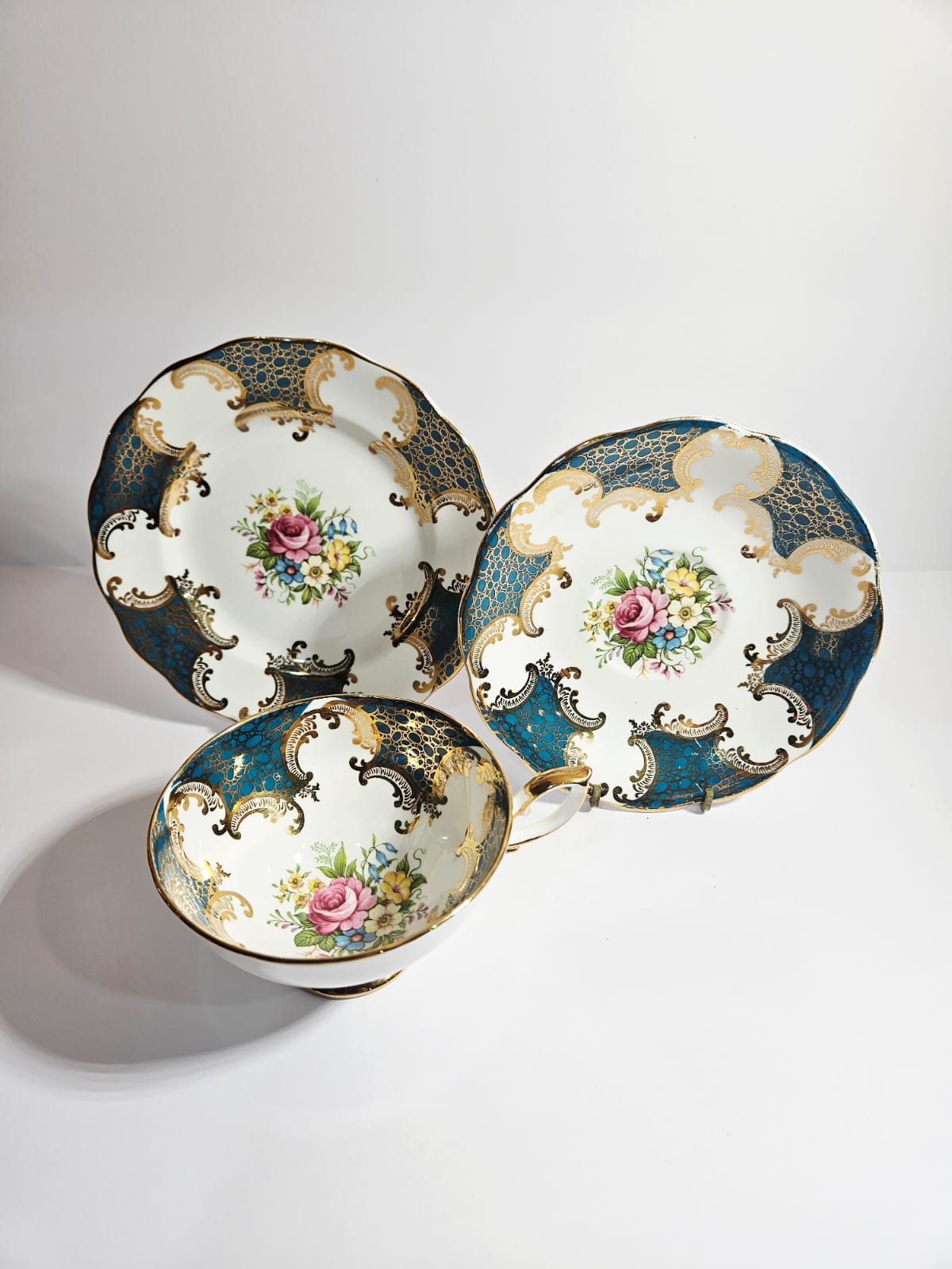 Royal Standard Teal & Gold Trio Fine Bone China with cabbage Roses