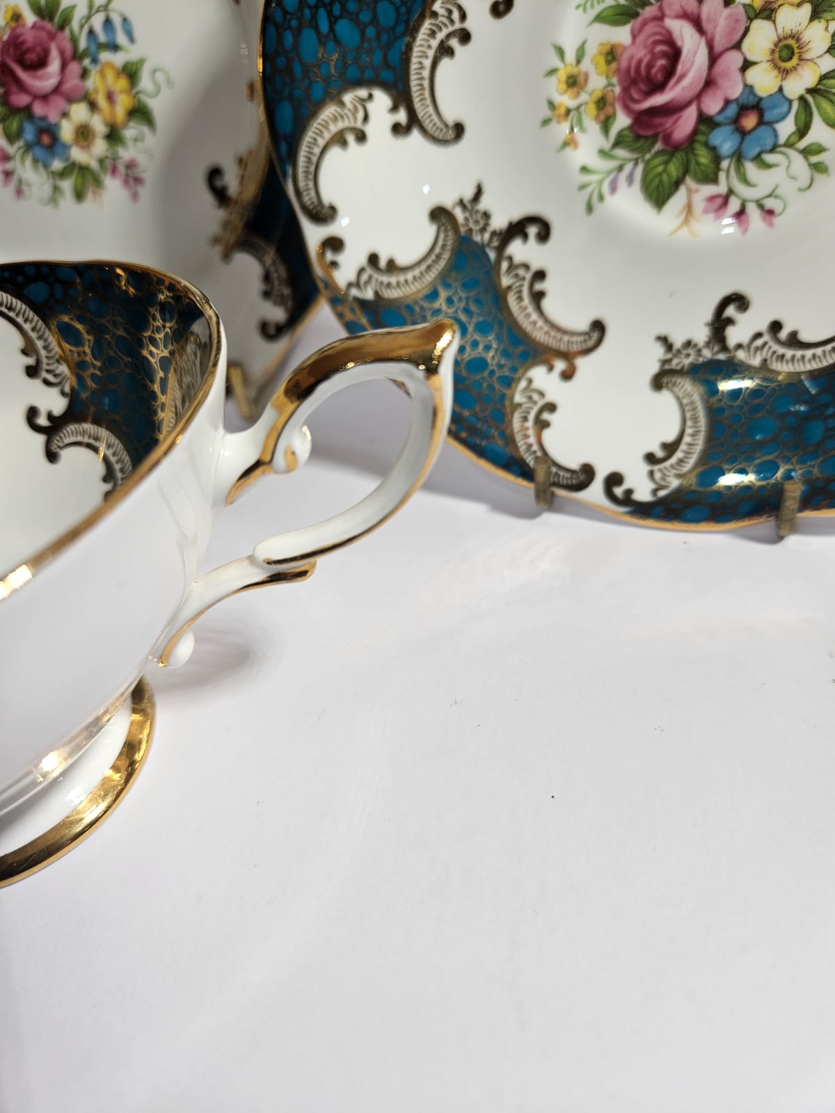 Royal Standard Teal & Gold Trio Fine Bone China with cabbage Roses
