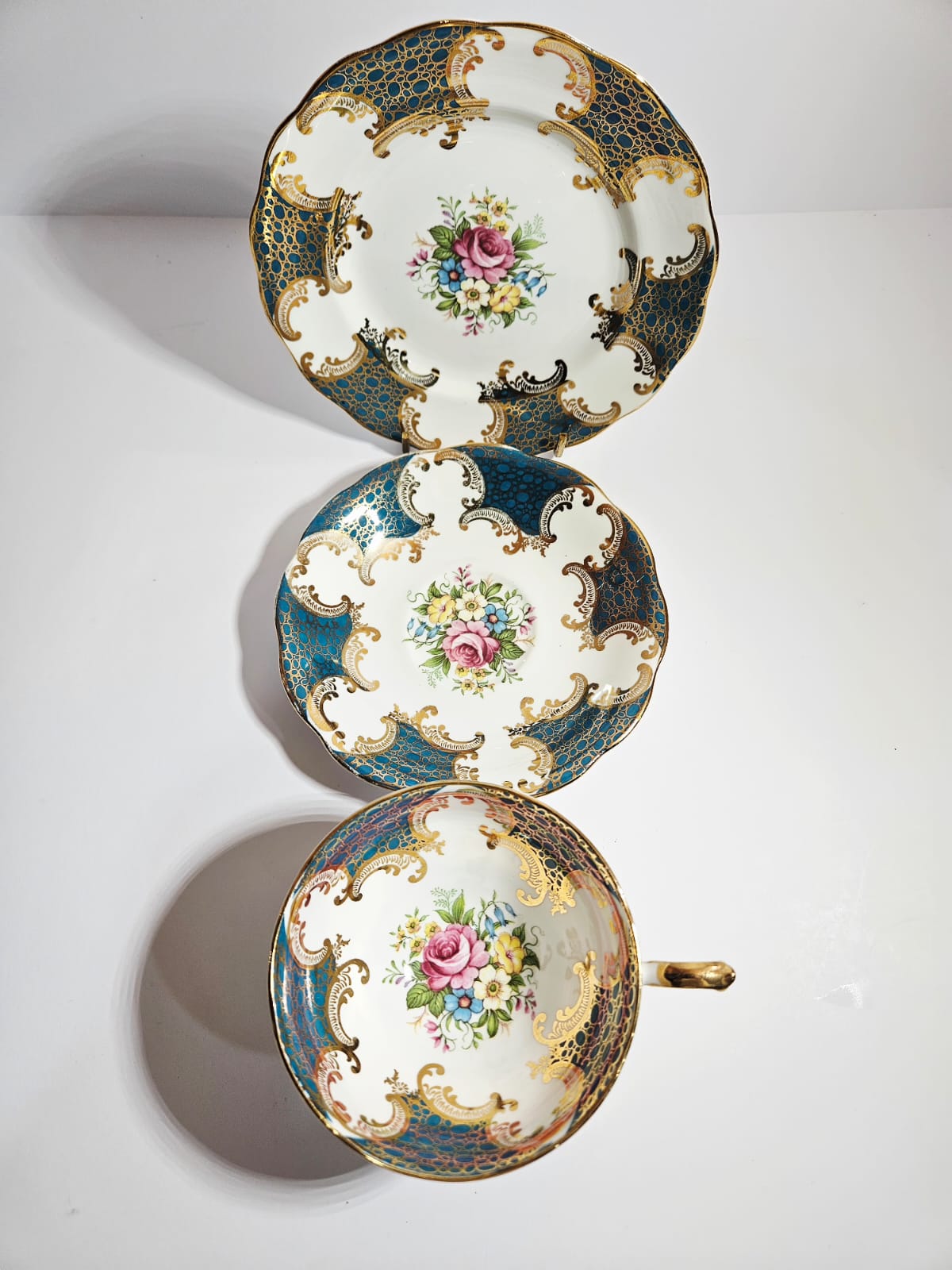 Royal Standard Teal & Gold Trio Fine Bone China with cabbage Roses