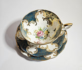 Trio de porcelaine fine Royal Standard bleu sarcelle et or avec roses chou