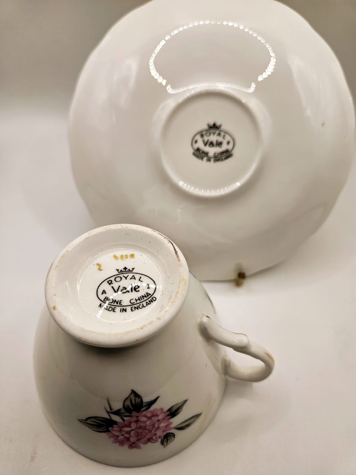 Vintage Royal Vale Bone China Hydrangea Teacup duo 1960s