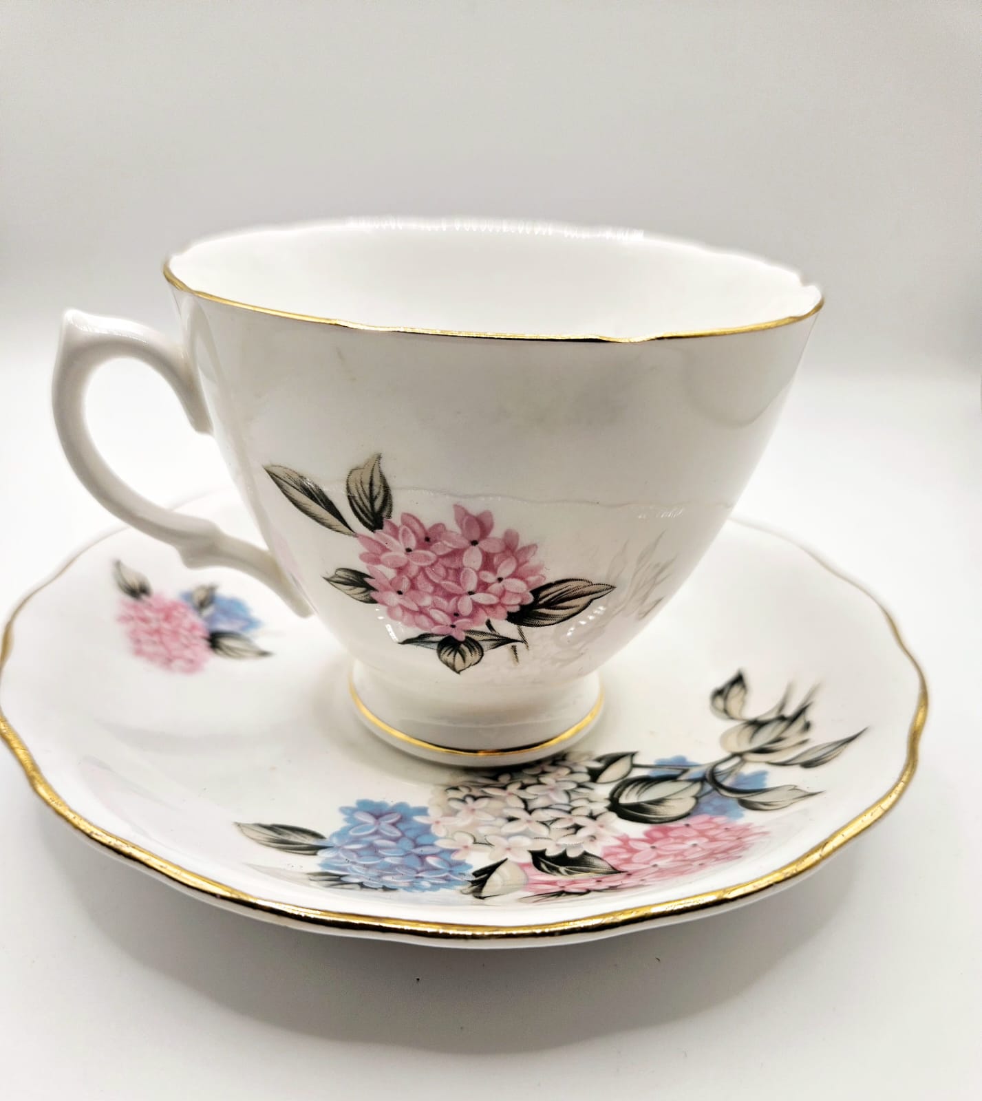Vintage Royal Vale Bone China Hydrangea Teacup duo 1960s