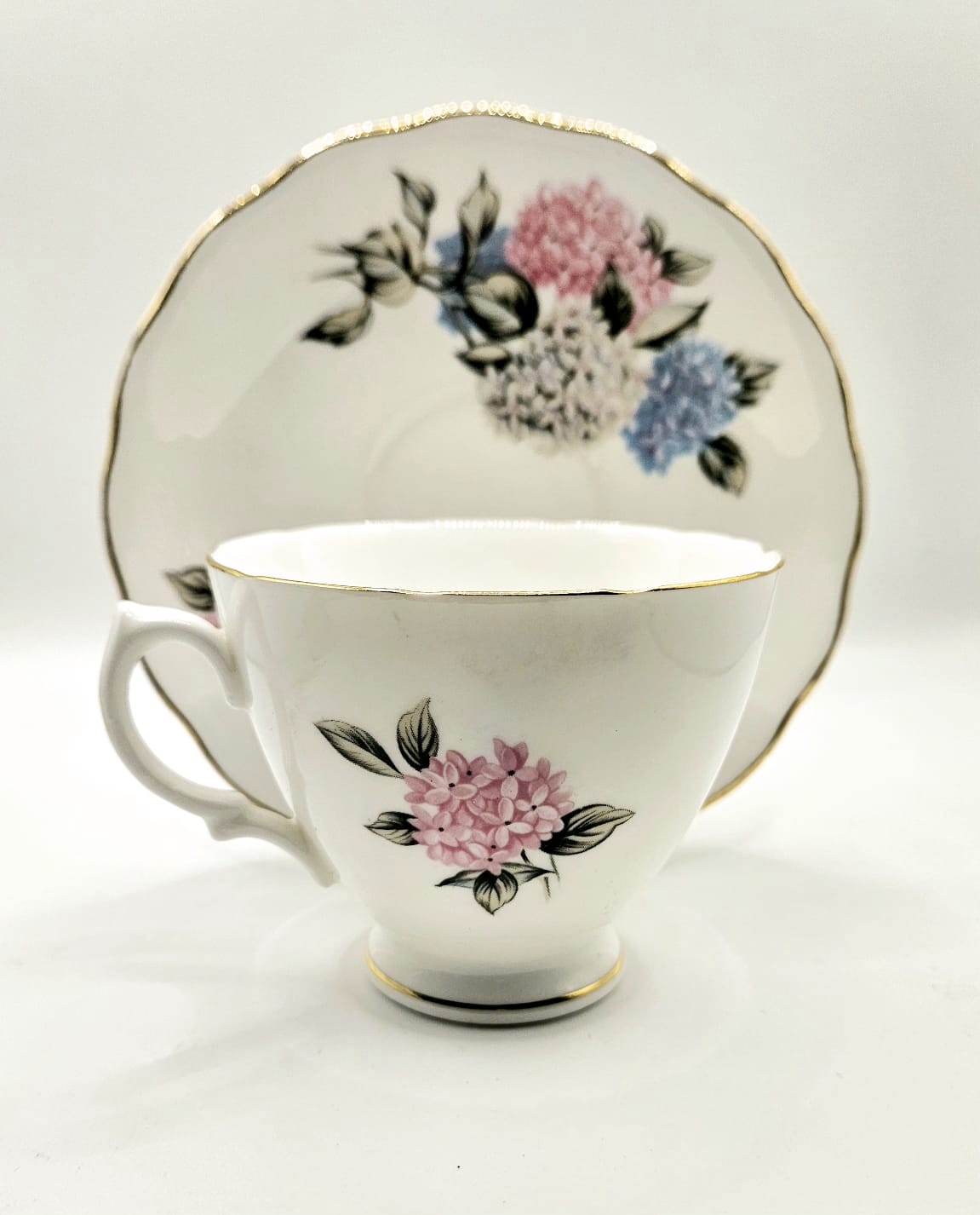 Vintage Royal Vale Bone China Hydrangea Teacup duo 1960s