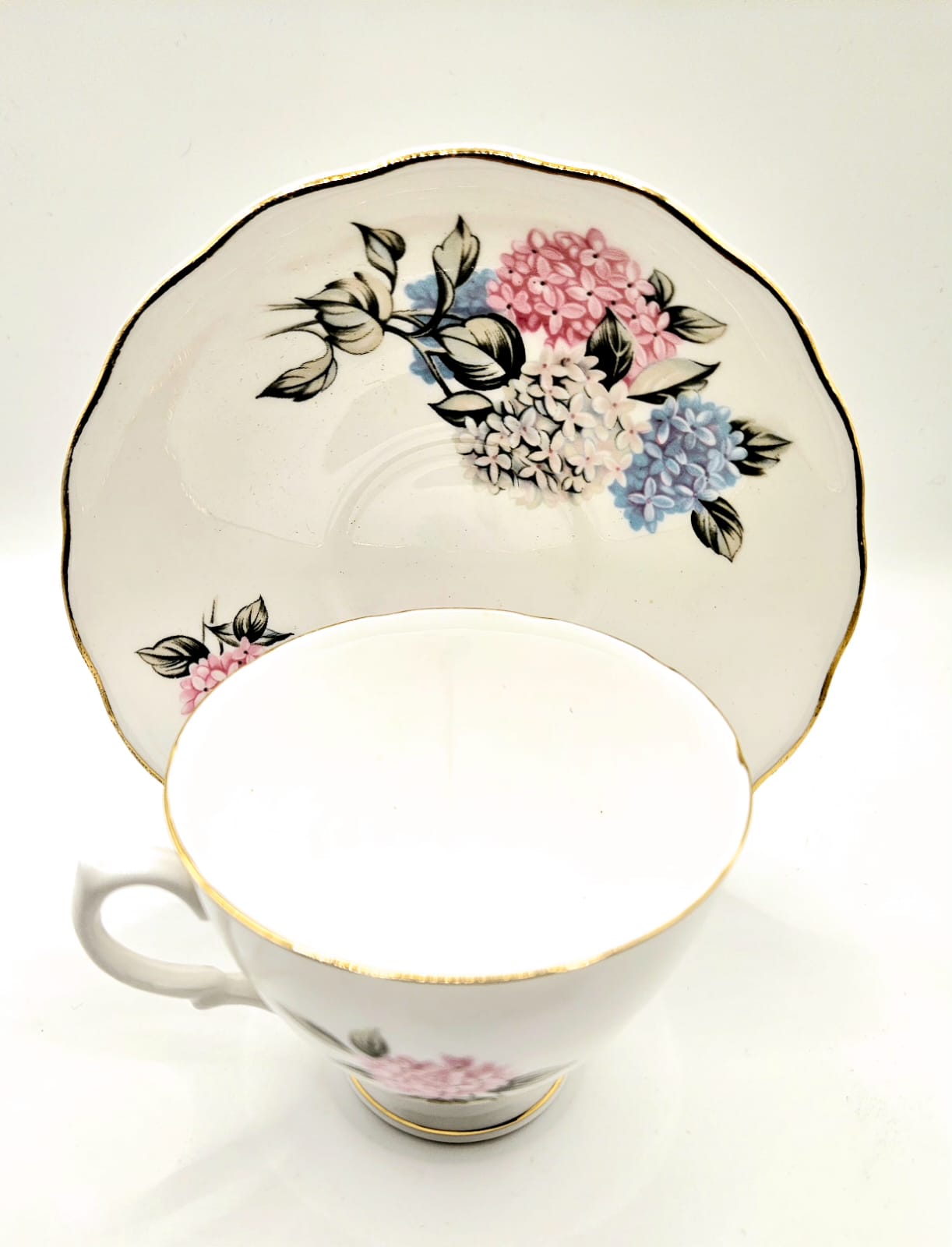 Vintage Royal Vale Bone China Hydrangea Teacup duo 1960s