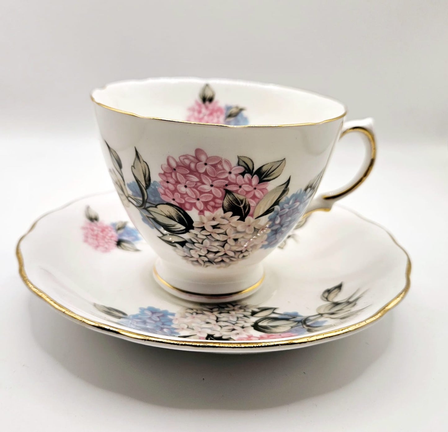 Vintage Royal Vale Bone China Hydrangea Teacup duo 1960s
