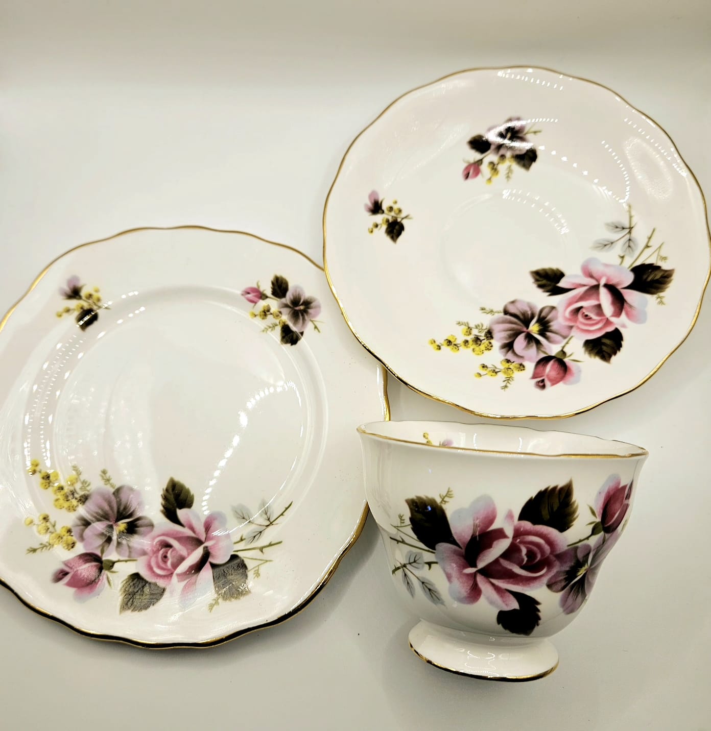 Royal Vale Bone China from England Trio - Roses and Pansies