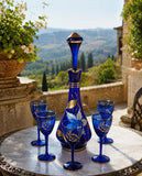 Blue Bohemia Czechoslovakia Decanter and 5 Port Glasses with gold gild