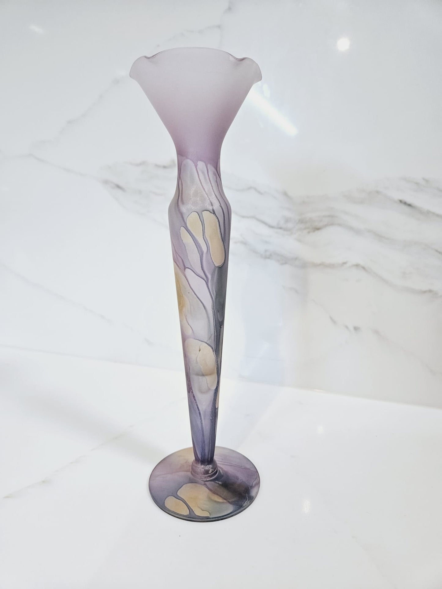 Vintage 80s Rueven Glass Vase Art Nouveau Satin Decor painted