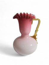 Antique Victorian Pink Satin Glass Vase Pitcher -Ruffled Edge Amber Thorn Handle