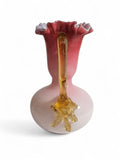 Antique Victorian Pink Satin Glass Vase Pitcher -Ruffled Edge Amber Thorn Handle