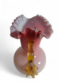 Antique Victorian Pink Satin Glass Vase Pitcher -Ruffled Edge Amber Thorn Handle