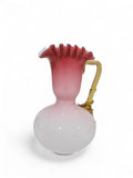 Antique Victorian Pink Satin Glass Vase Pitcher -Ruffled Edge Amber Thorn Handle