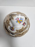 Vintage Salisbury Tea Set trio - White Gold Floral Brown Transferware 1930